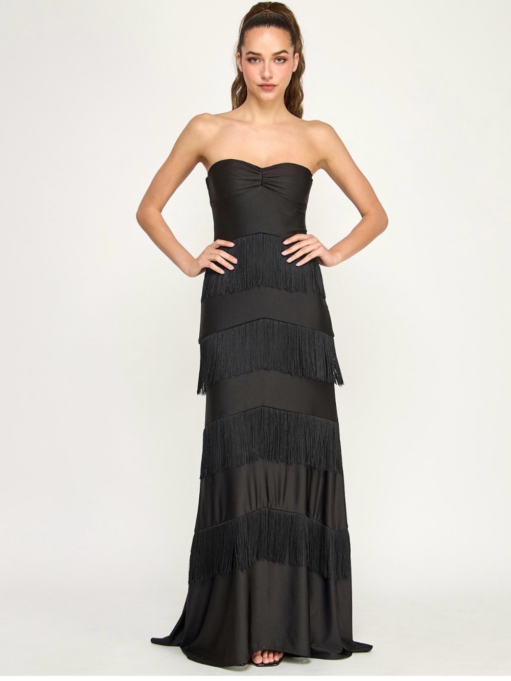 Elegant Strapless Black Fringe Maxi Dress